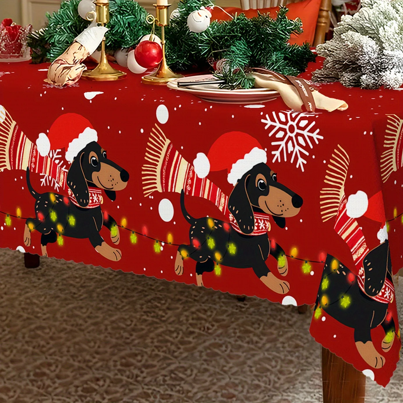 1pc Dachshund-Themed Christmas Tablecloth Suitable for Indoor/Outdoor Use - Wrinkle-Free Round & Rectangular Pet-Friendly Table with Cute Dachshund, Easy Holiday Decor for Dachshund Lovers ()
