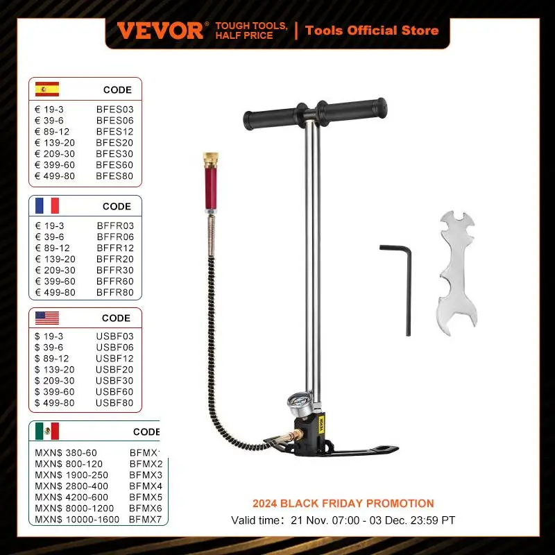 VEVOR 3 Stage PCP Pump + Pressure Gauge 4500PSI Tire Kayak Ball Inflatable Rifle Air Gun Filling Stirrup High Pressure Hand Pump