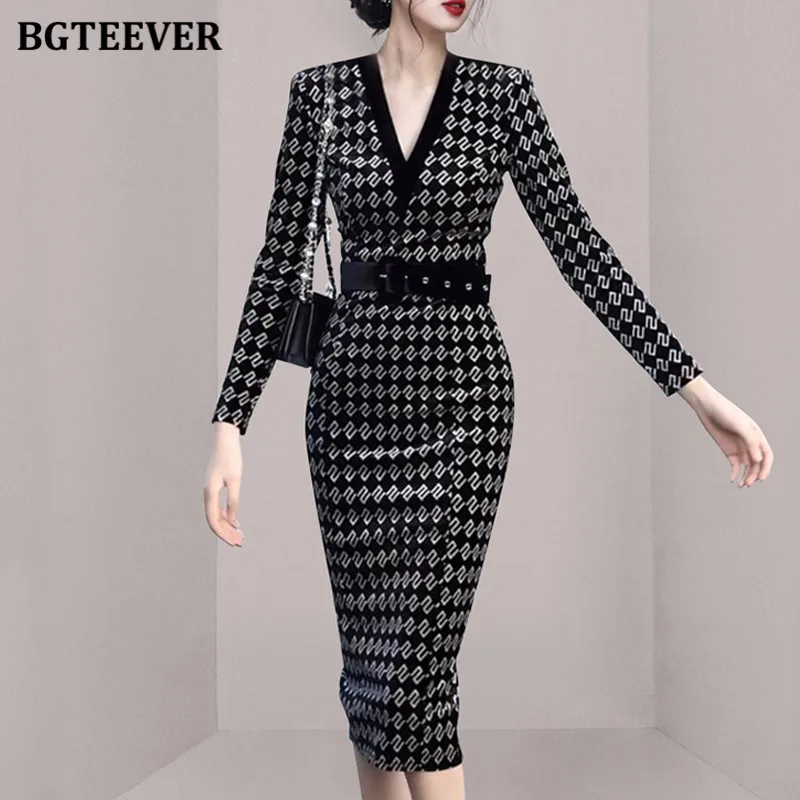 

BGTEEVER Stylish V-neck Slim Waist Female Printed Bodycon Dress Elegant Long Sleeve Belted Women Package Hip Skinny Dress