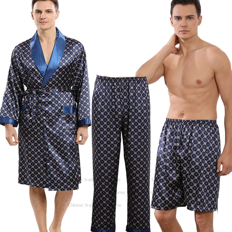 

Male Robe Pants Pajama Set PLUS SIZE 4XL 5XL Sleepwear Navy Blue Bathrobe Shorts Suit Kimono Long sleeved Home Clothes Outfit