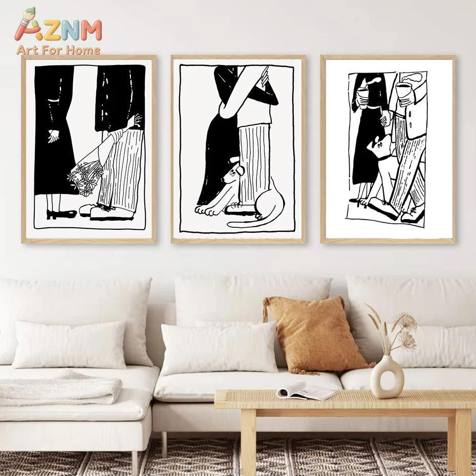 AZNM Minimalist Black and White Dog Owner Canvas Wall Art, Cute Line Drawing Pet Print Poster, Unframed Modern Abstract Human &