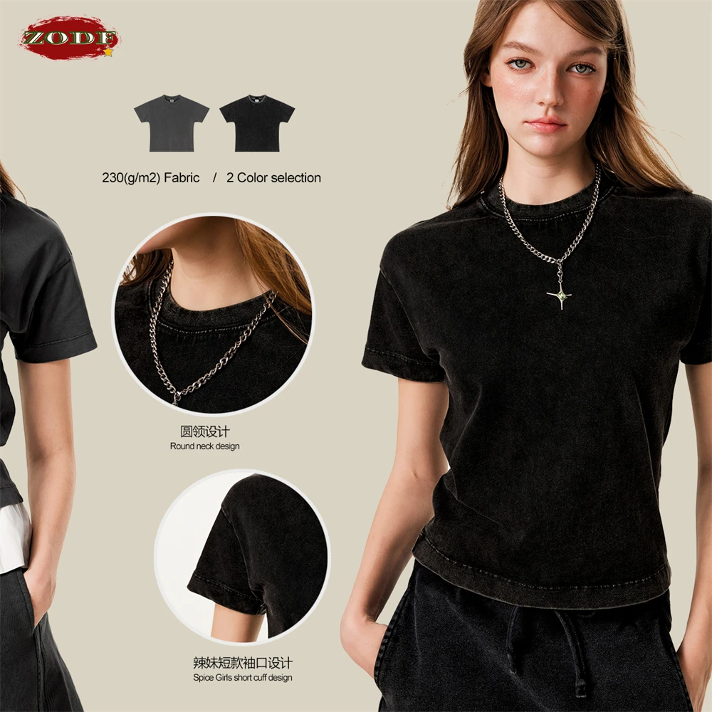 ZODF Vintage 2025 Summer 230gsm Washed 100% Cotton T-Shirts For Women Retro Hotsweet Girls Comfortable T Shirt Tees HY0998