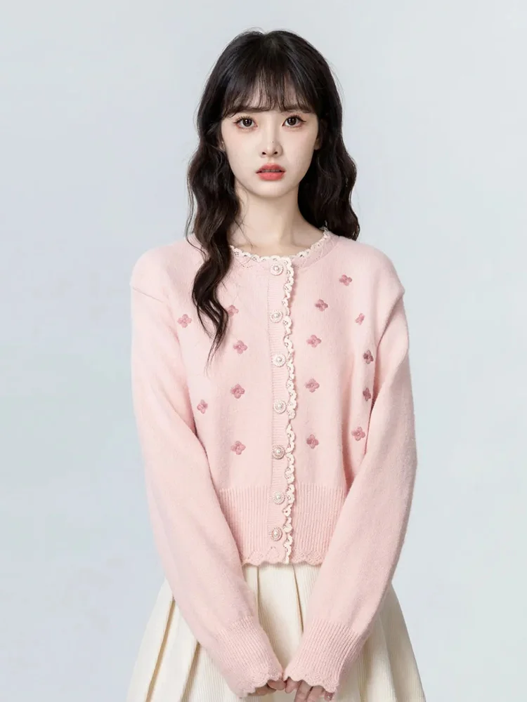 Cardigan rose en dentelle douce pour femmes, Slim, broderie, col rond, pull tricoté, mode coréenne, Style Preppy, hauts à manches longues, nouveau