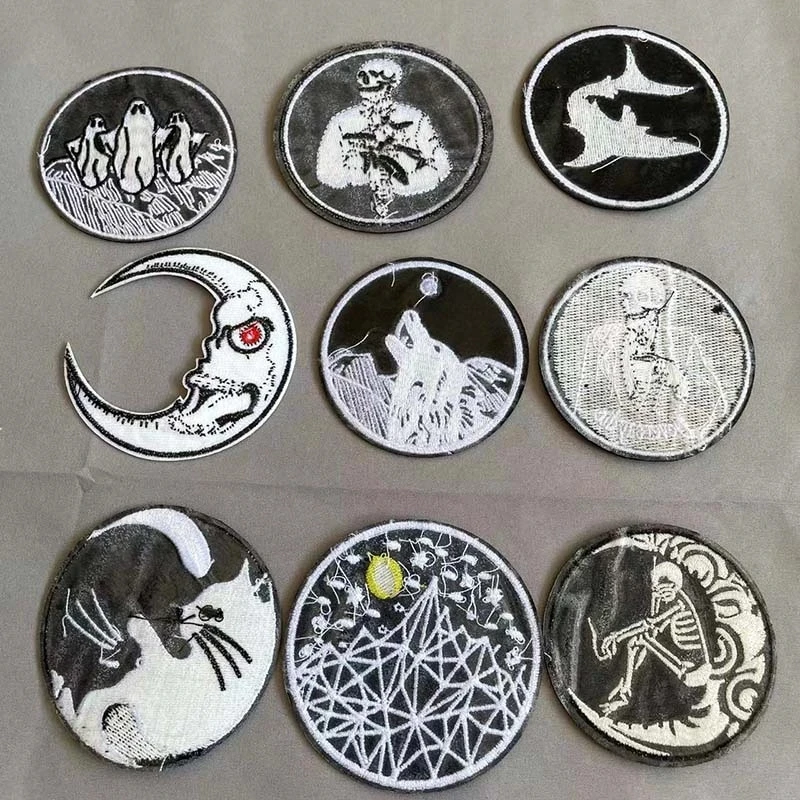 6 Stück/Schwarze Stoff-Applikationen, runde Abzeichen, Kleideraufkleber, Wolf, Pinguin, Bergmotiv, aufbügelbare Patches für Kleidung, Rucksack – Detail 9