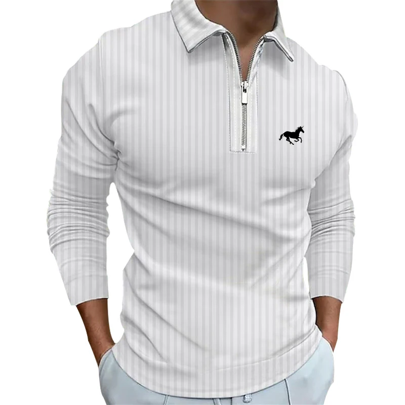 3D Digital Print Casual Zipper Polo Shirt Men Long Sleeve Stripe Polo Shirt Tops .