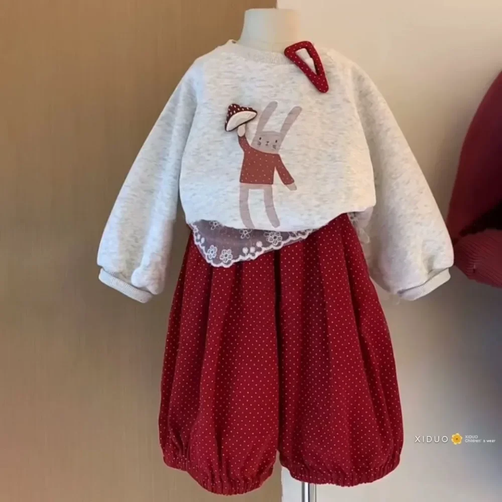 Autumn Fashion Street Style Girl Clothes Korean Edition Children's Clothing 2025 Grey Long Sleeve Top+Red Pants Two Piece Set image 5