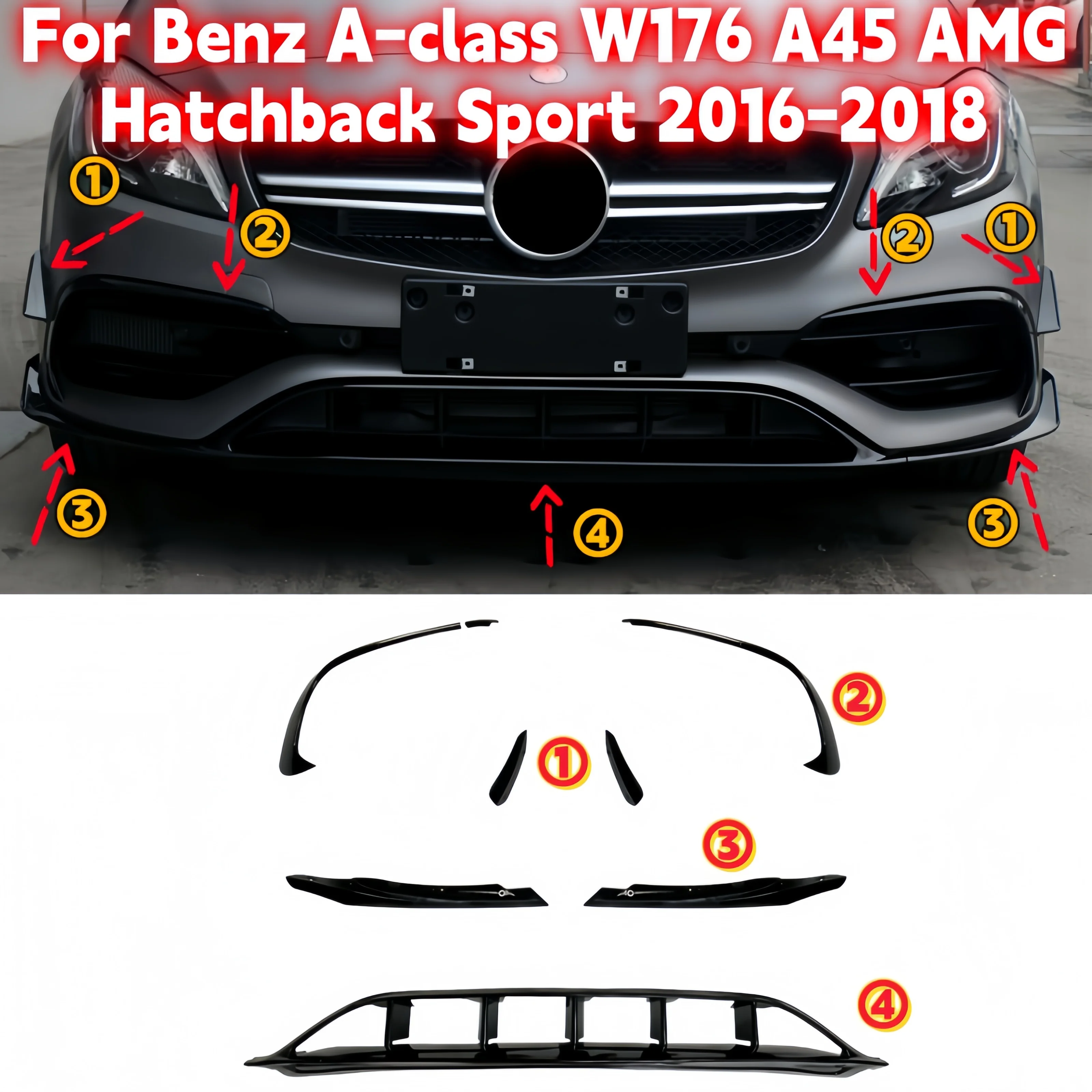 

Glossy Black Car Front Bumper Spoiler Splitter Trim Air Blade For Benz W176 A200 A250 A45 AMG Hatchback Sport 2016 2017 2018