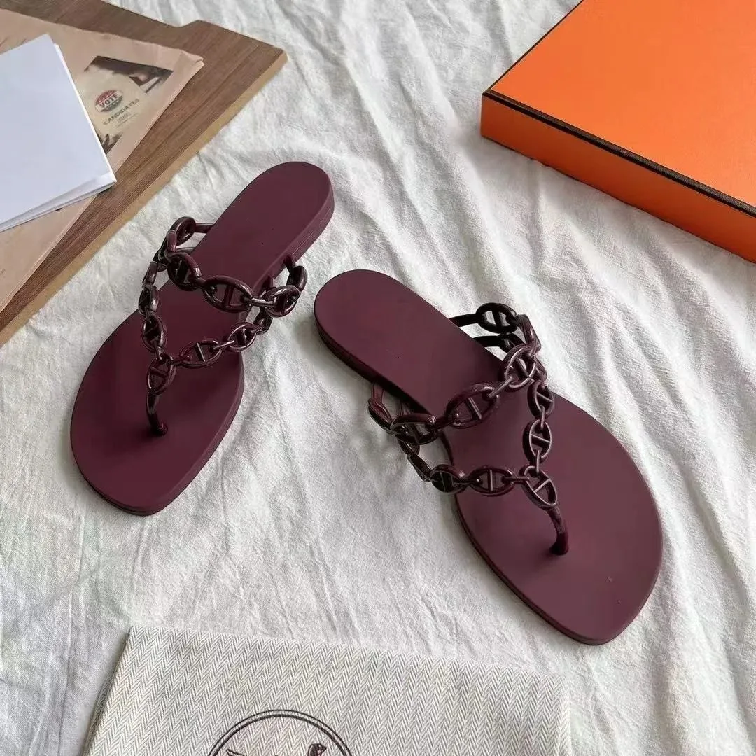 Spring Summer Women's Net Celebrity Flip-Flops Chain Non-Slip Flat Beach Slippers for Casual Wear