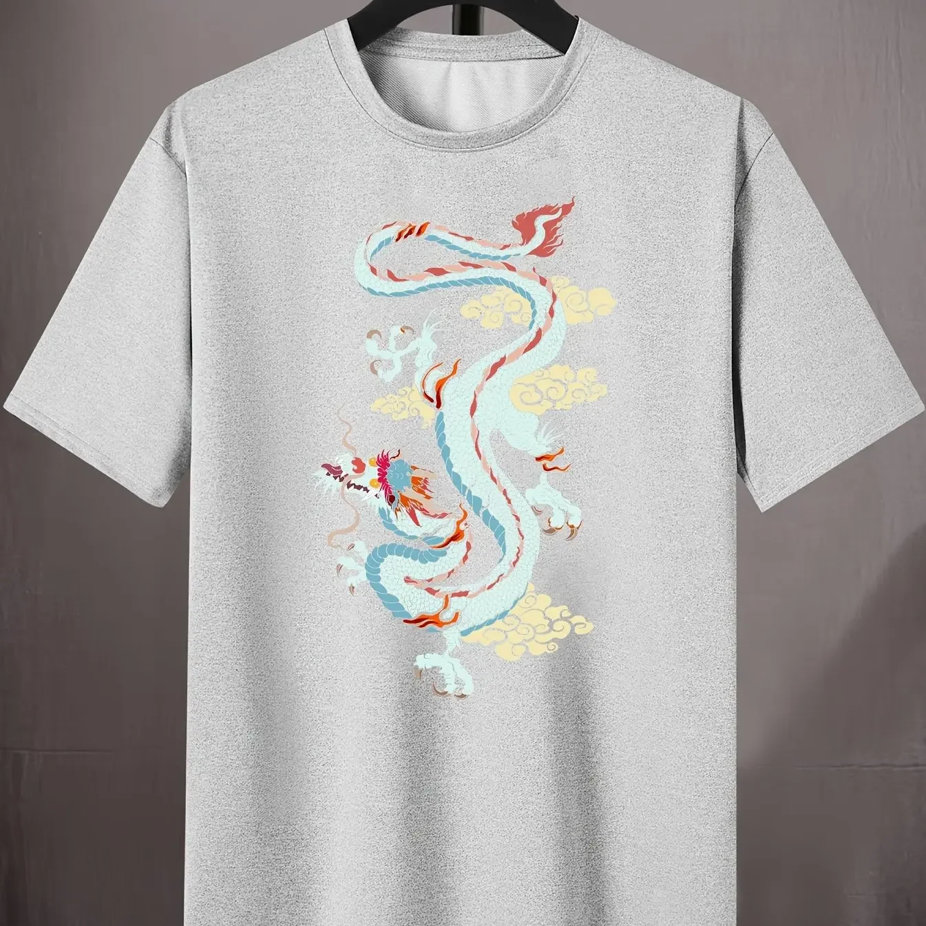 

Men's 100% cotton summer casual loose fitting Stylish Chinese Dragon Pattern print round neck short sleeved T-shirt Comfortable