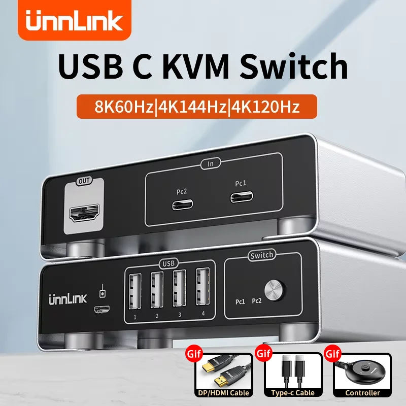 Unnlink USB C to HDMI DP KVM Switch 2x1 8K 60Hz 4K 144Hz Type C Thunderbolt 4 KVM Switches With Controller For Macbook Converter