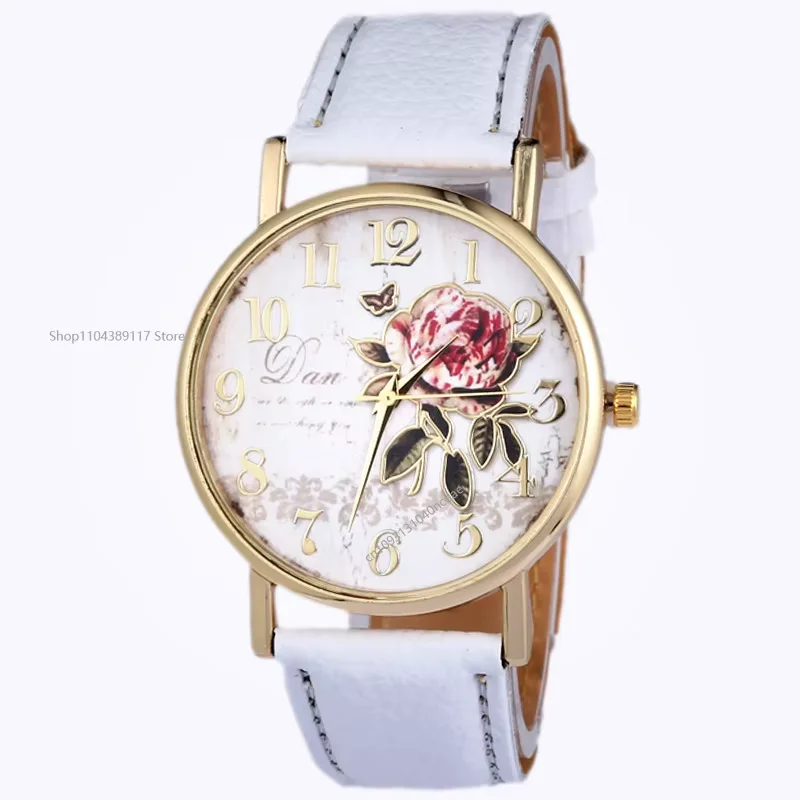 Reloj de pulsera redondo con flor rosa para mujer, relojes elegantes con banda de piel sintética, reloj de pulsera de cuarzo con números árabes, regalo de Navidad para mujer