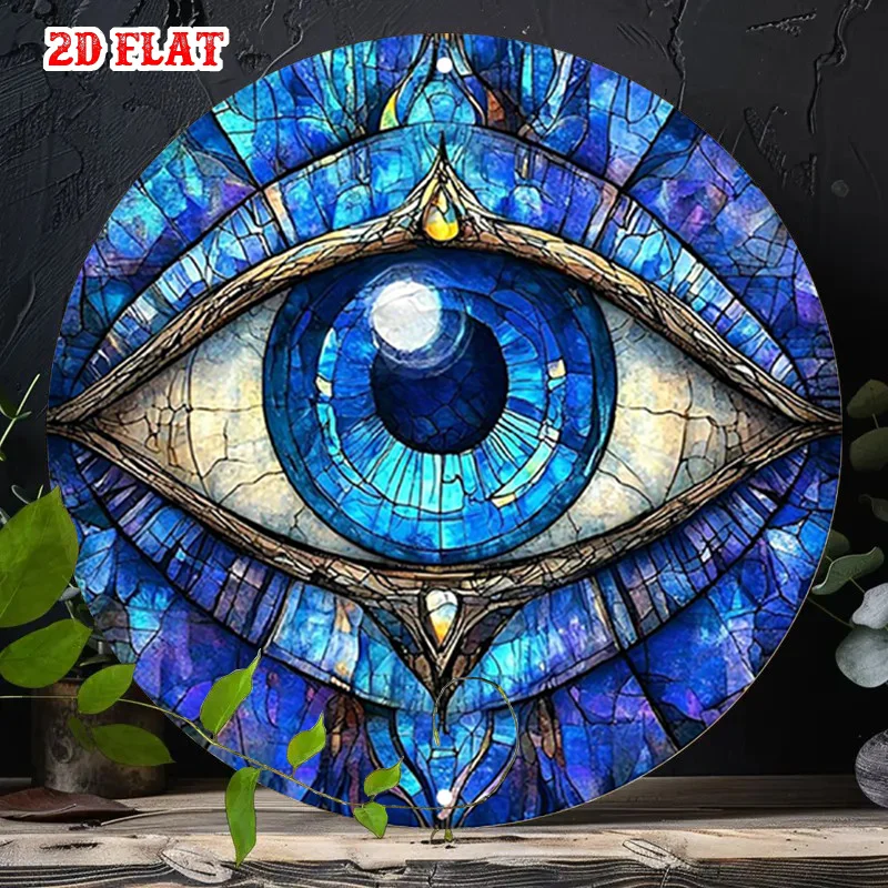 2D Flat, 1pc Blue Eye round metal Wall Art - Illuminated Vintage Aluminum Sign Suitable for Home, Cafe, Garage - Rustic Blue Eye