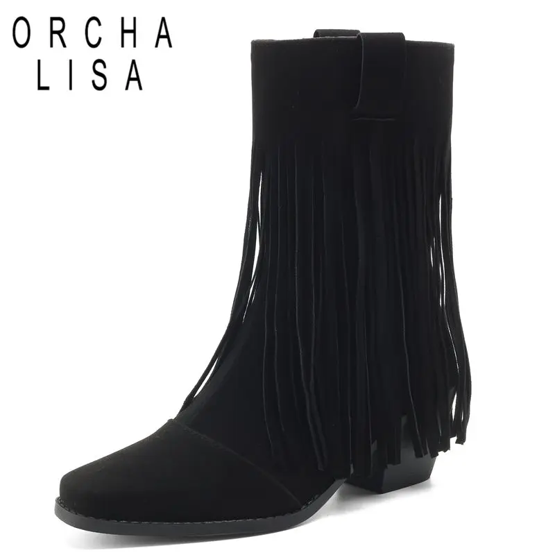 ORCHALISA New Design Women Ankle Boots Square Toe Flock Chunky Heels Slip On Tassels Sexy Wedding Bota Big Size 41 42 43