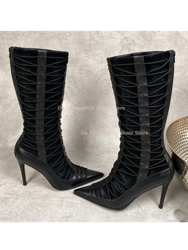Pointed Tip Instep Multiple Thin-Strap Combination Decorate Stiletto Heels Knee-High Boots Winter Women's Warm Boots Fashion