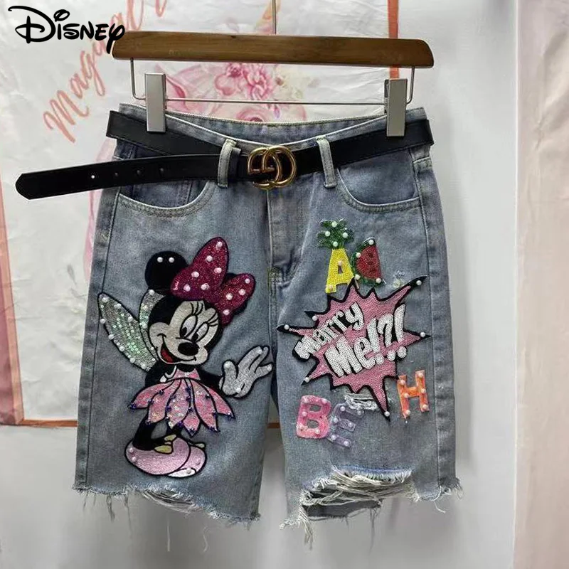 Disney New Arrival Top Fashion Cotton Women Embroidery Beading Mickey Mouse Female Summer Big Irregular Flash High Waist Short