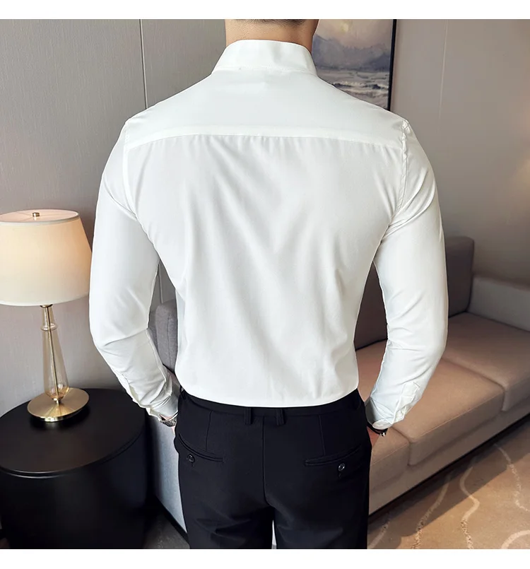 Soft Long Sleeve White Shirt for Men New Chinese Style Stand Collar Shirt Men\'s Business Casual Vintage Design Top Male 2024