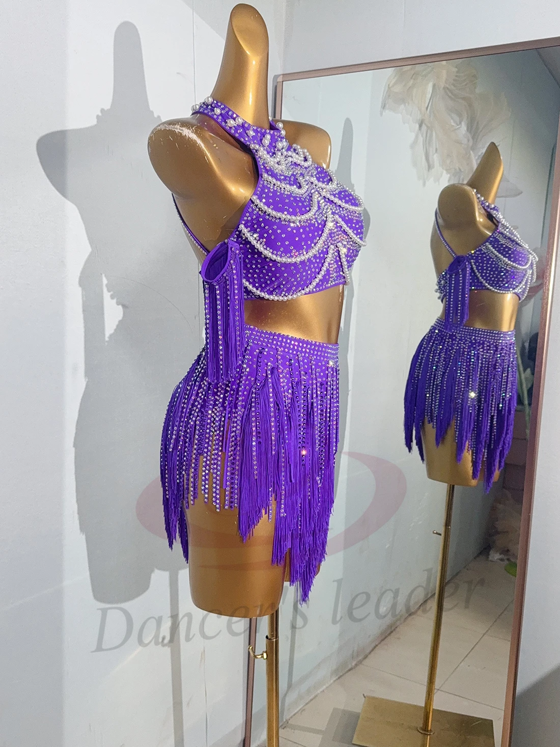 Latin Dance Diamond Female Adult Children High end Customized Purple Tassel Skirt Samba Performance High Flash Dress