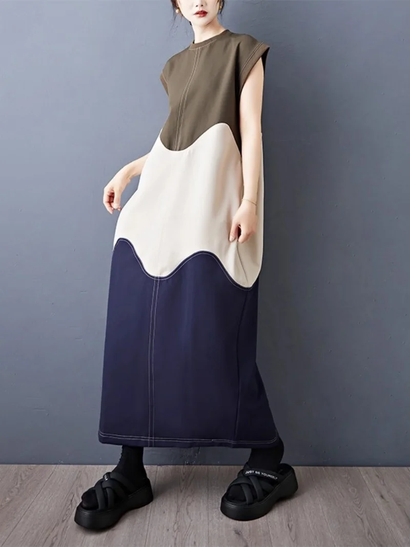 Cocoon diseño de temperamento de moda francés Retro empalme Irregular colores contrastantes vestido Casual sin mangas para mujer w282