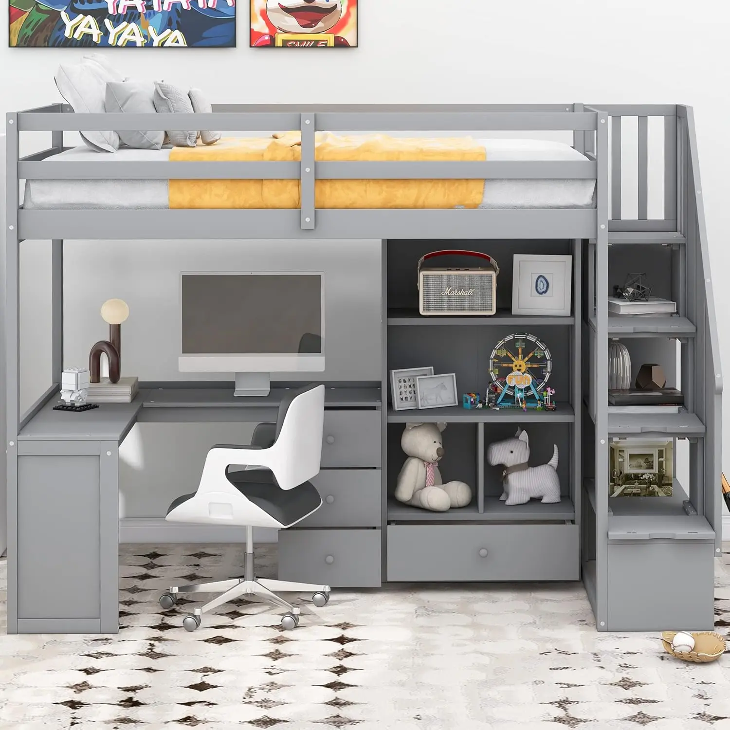 Twin Loft Bed Met Trap En L-Vormig Bureau, Houten Loft Bed Met Opbergtrap, Twin Size Loft Bed Met Boekenkast