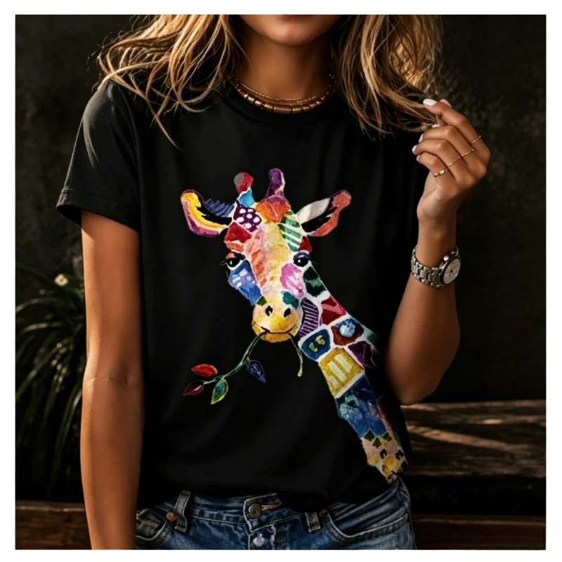 T-shirt artistique girafe aux couleurs vives, amusant et original, avec impression unique et design coloré, parfait pour les amoureux des animaux, décontracté et confortable