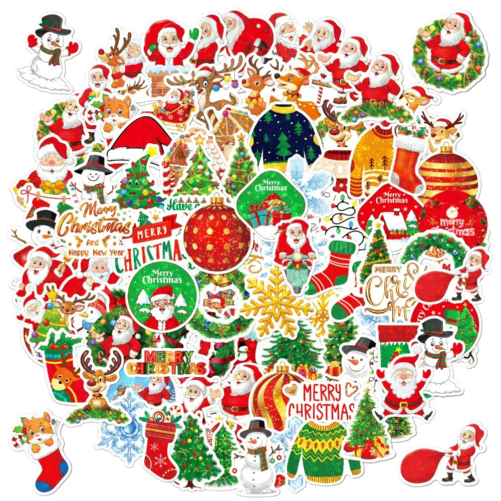100pcs/set Cute Merry Christmas Stickers DIY Graffiti Santa Claus Snowman Pattern Decorative Decals Handmade Desktop Wall Decor