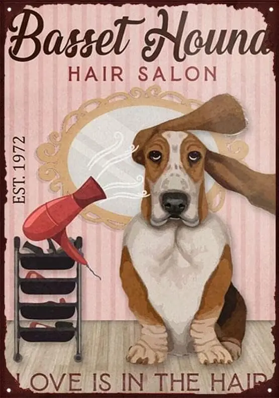 Decor Basset Hound Dog Hair Salon, Love in The Air for Restroom Bar Pub Club Cafe Home Spring 8x12 in Tin Sign Home Decor H sign