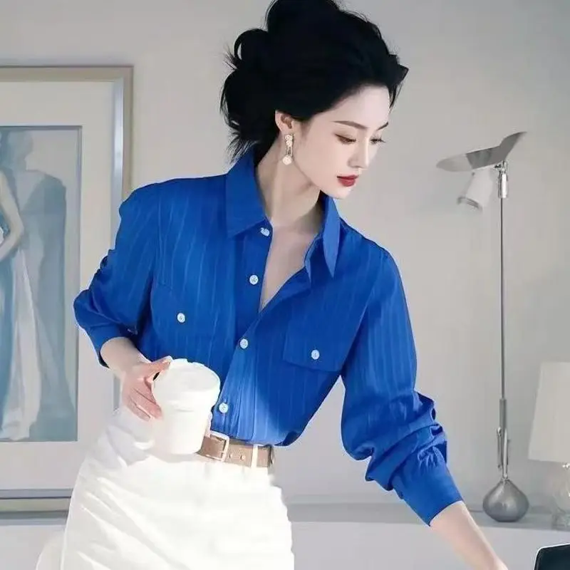 Women Klein Blue Polo Collar Long Sleeve Blouse Chic Elegant Design Shirt Tops
