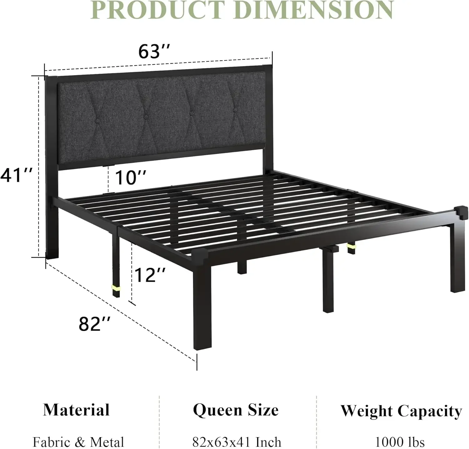 Metalen Bedframe Met Getufte Hoofdeinde Van Stof, Platform Bedframe Met Zware Metalen Latten, 12 "Opbergruimte