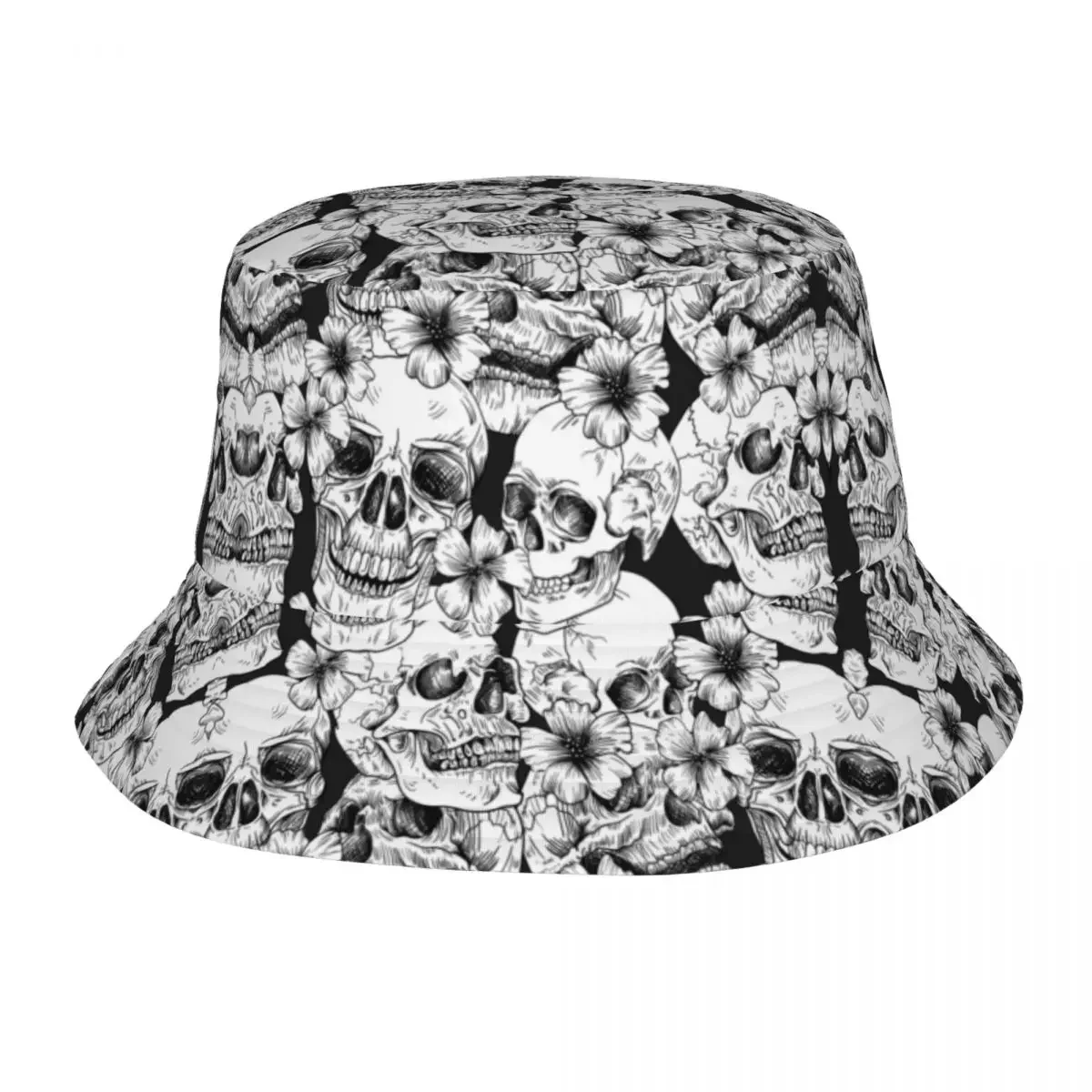 Seamless Skulls Flowers Sugar Skull Bucket Hats  Beach black and white pattern Floppy Hat Foldable for Outdoor Fisherman Hat Bob