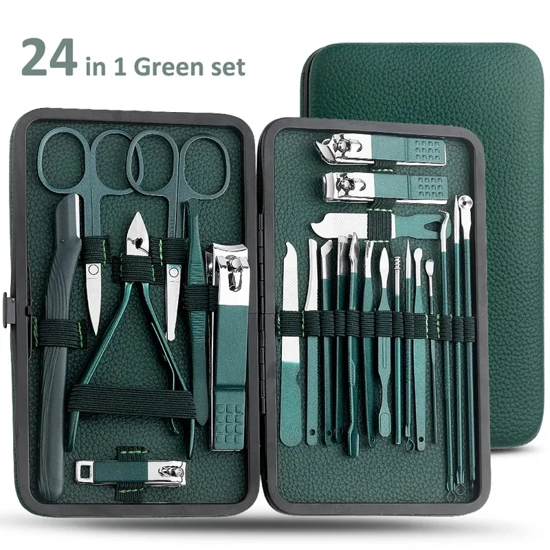

Premium 7-24Pcs Dark Green Manicure Pedicure Set, Heavy Duty Unisex Nail Clipper Kit, Portable Exfoliation Nail Foot Care Tools