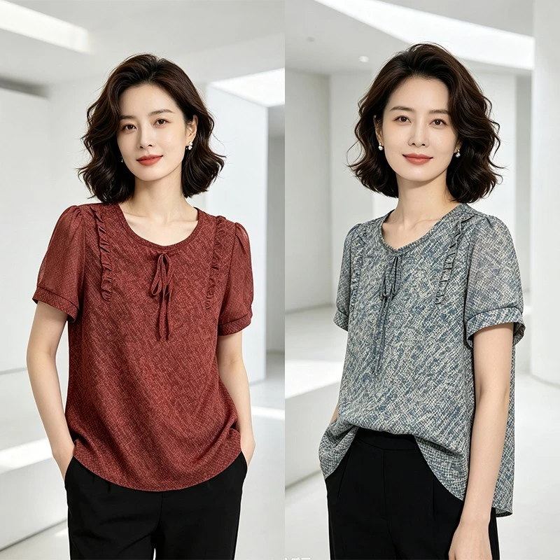 

Women's Summer Casual Blouse Short Sleeve Bow Tie Collar Printed Top Lady Style Shirt Fashionable Summer Blouse