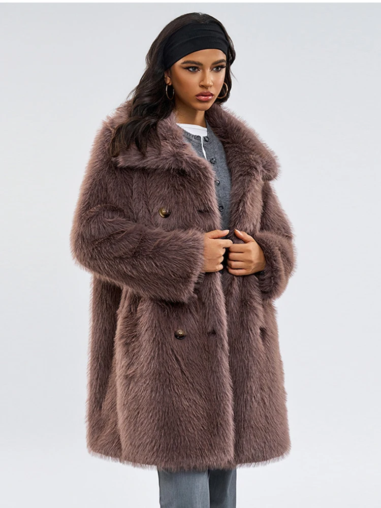 ZADORIN-abrigo elegante de invierno para mujer, ropa holgada con cinturón, abrigo de piel sintética esponjoso, chaquetas de piel sintética con solapa larga, prendas de vestir exteriores de felpa