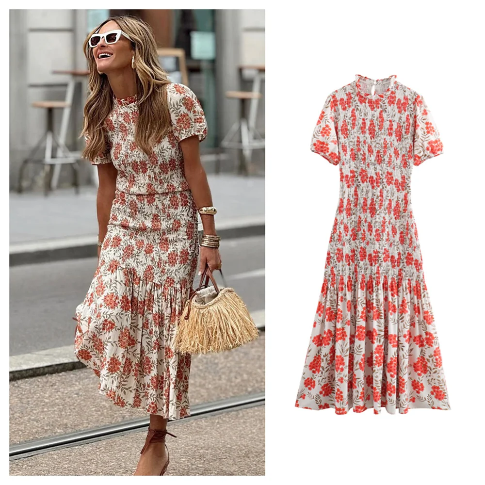 PB&ZA 2024 Spring New Women\'s Fashion and Elegance Slim Fit Versatile Printed Elastic Waist Long Dress