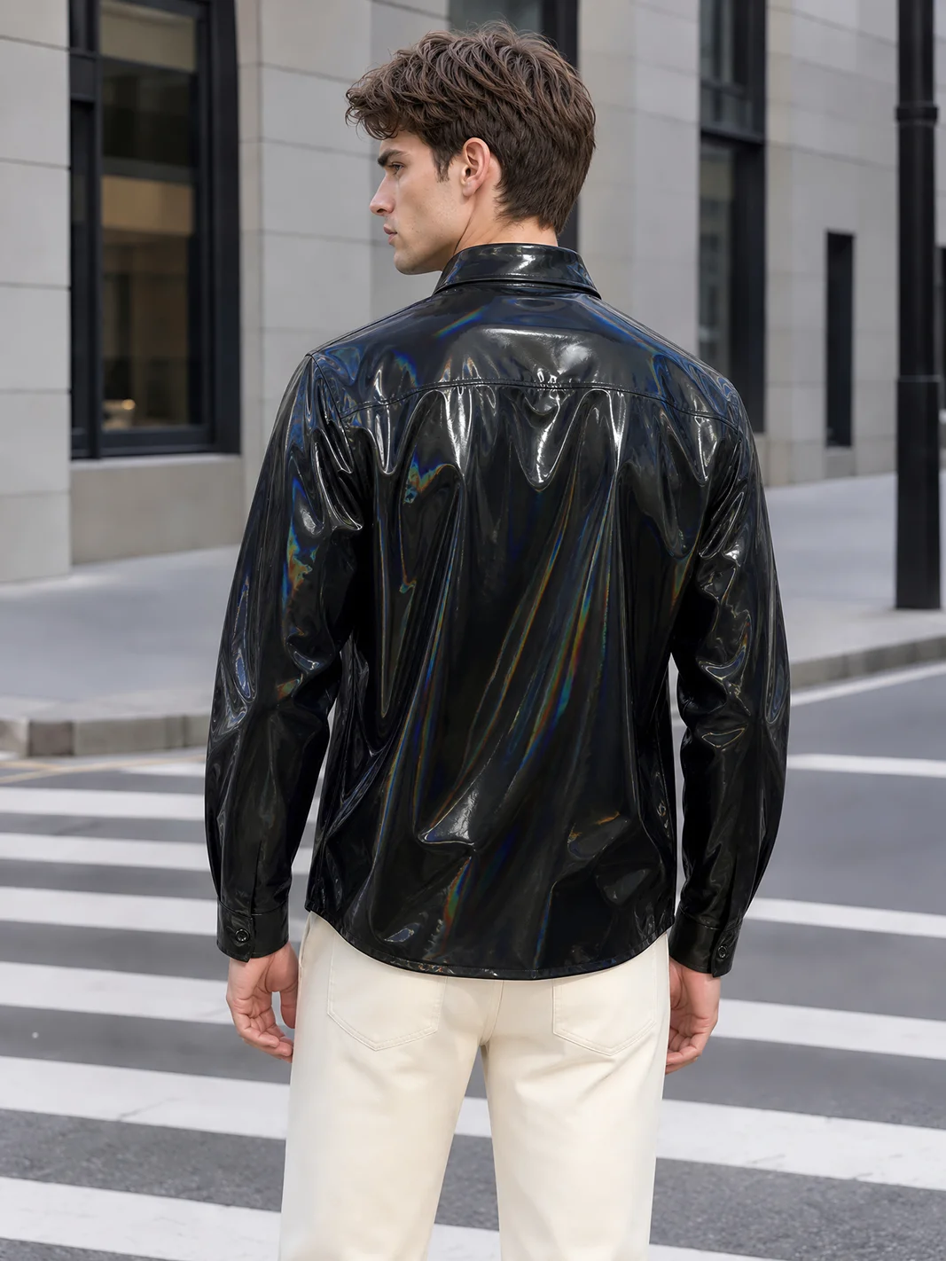 Men's Laser Elastic Faux Leather New Lapel Casual Shirt Man Chic Button Open Faux Latex PU Top Clothing T-shirt