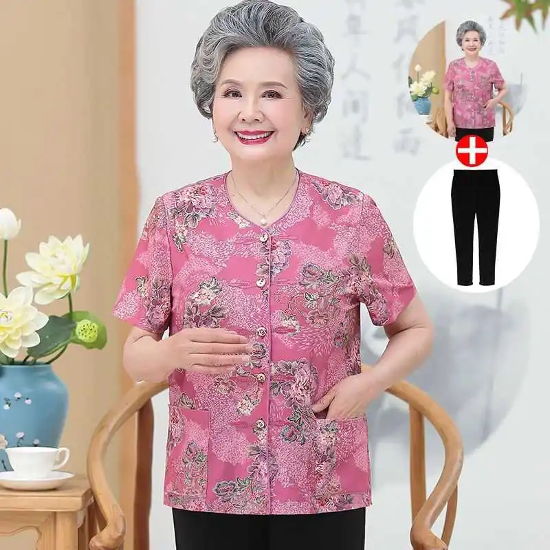 

Летняя рубашка для женщин среднего и пожилого возраста, большие размеры, с коротким рукавом, из полиэфирного волокна, тонкий костюм, длинные брюки, женская мода