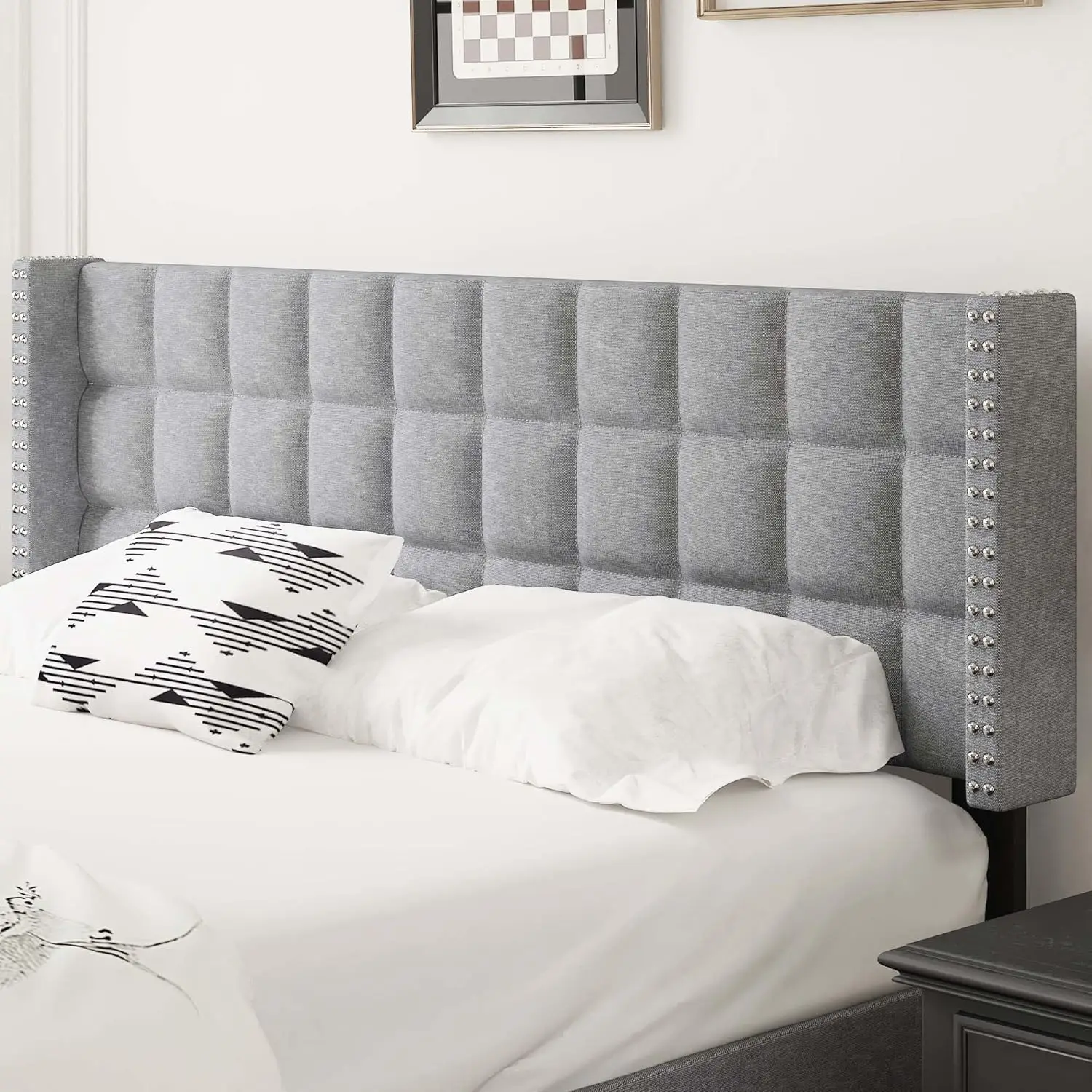

Изголовье изголовья с льняной обивкой размера «queen-size» и регулируемой высотой, светло-серый дизайн с крыльями