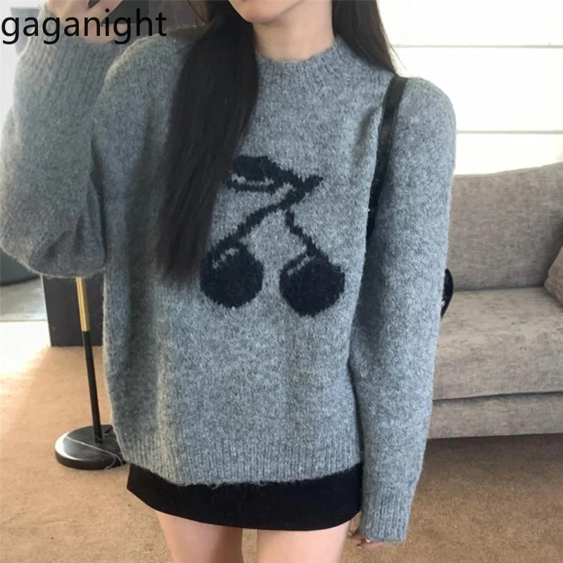 Gaganight Women Lazy Style Gray Cherry Sweater 2024 Winter New Loose Fitting Pullover Thick Warm Long Sleeved Knitted Top Female