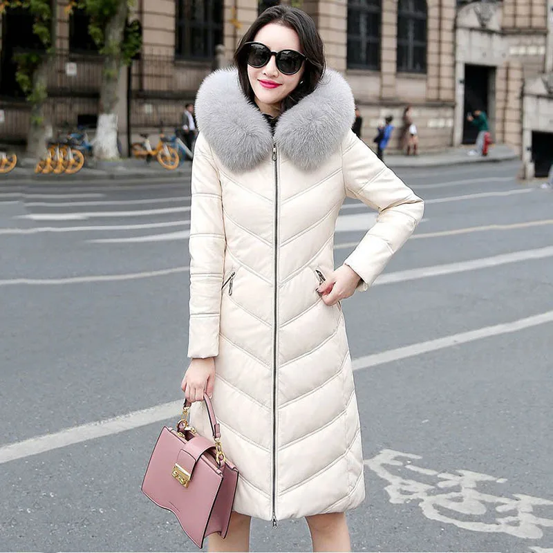 Wear Sheepskin Leather Down  In Winter Women's Middle And Long Korean Version Loose Slim Warm Fox Fur Collar Thick Coat