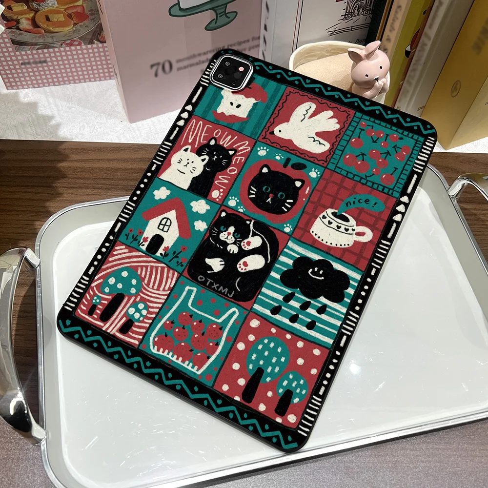 Retro Color Block Kitten Straight Edge Matte Tablet Case For Samsung Galaxy Tab S9 S10 S11 S12 Ultra S12 Plus A9 A11 Cover Shell