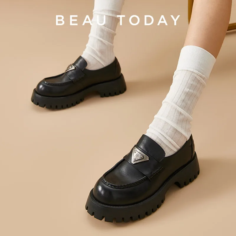 

BeauToday Penny Loafers Women Genuine Cow Leather Round Toe Metal Design Thick Sole Slip-On Uniform Dress Shoes Handmade 26614