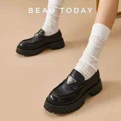 BeauToday Penny Loafers Women Genuine Cow Leather Round Toe Metal Design Thick Sole Slip-On Uniform Dress Shoes Handmade 26614