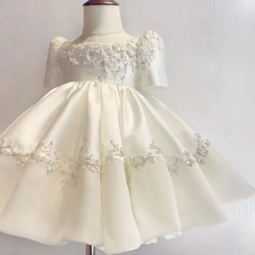 

Flower Girl Dress White Satin with Floral Embroidery & Short Sleeves Elegant Princess Gown for Weddings Special Occasions