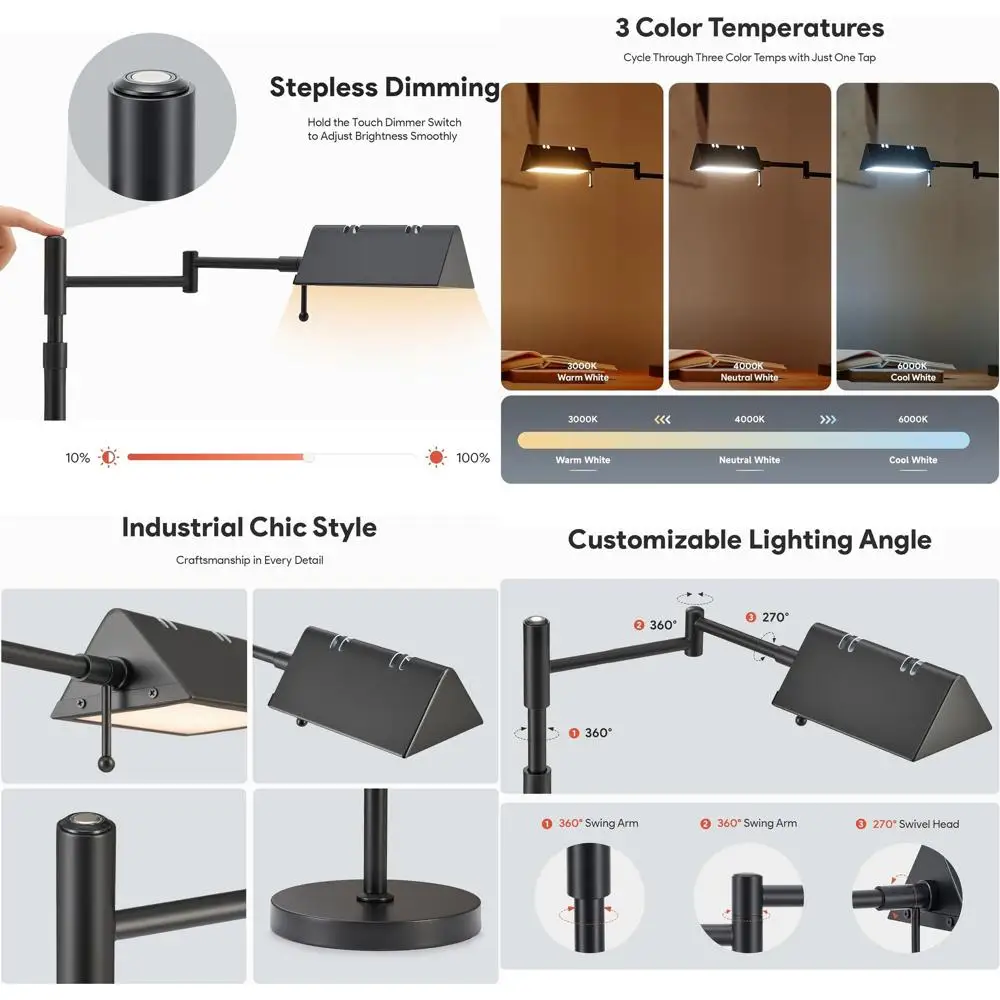 

Промышленная регулируемая светодиодная настольная лампа с регулируемой яркостью для дома, офиса и спальни черного цвета