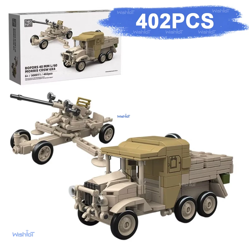 

Британское зенитное орудие Bofors 40 мм, артиллерийский тягач Morris CDSW 6X4, конструктор из 402 деталей, набор кирпичиков для сборки, игрушка в стиле Второй мировой войны, армейская военная тематика