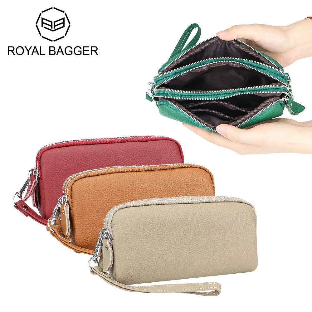 Royal Bagger Genuine Leather Clutch Purses for Women, Multi Zipper Mobile Phone Wallets, Portable Wristlet Storage Bag 1731