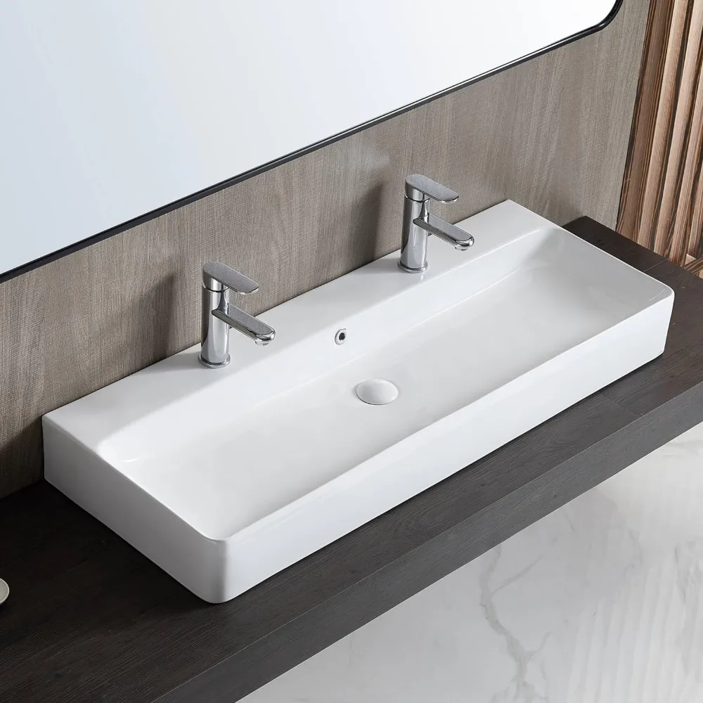 

Bathroom Sink Rectangle 43" x 16", Two Hole Vitreous Ceramic Vessel Sink, Countertop & Wall Mount, Modern Porcelain Glossy White