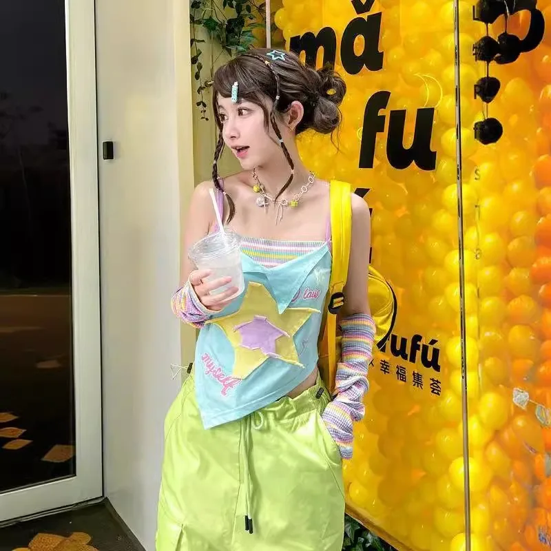Summer Girls Colorful Camisole New Tank Sexy Kawaii Star Female Top Pulovers Tees 2024 Summer Y2k Trend Woman Two Piece Tops