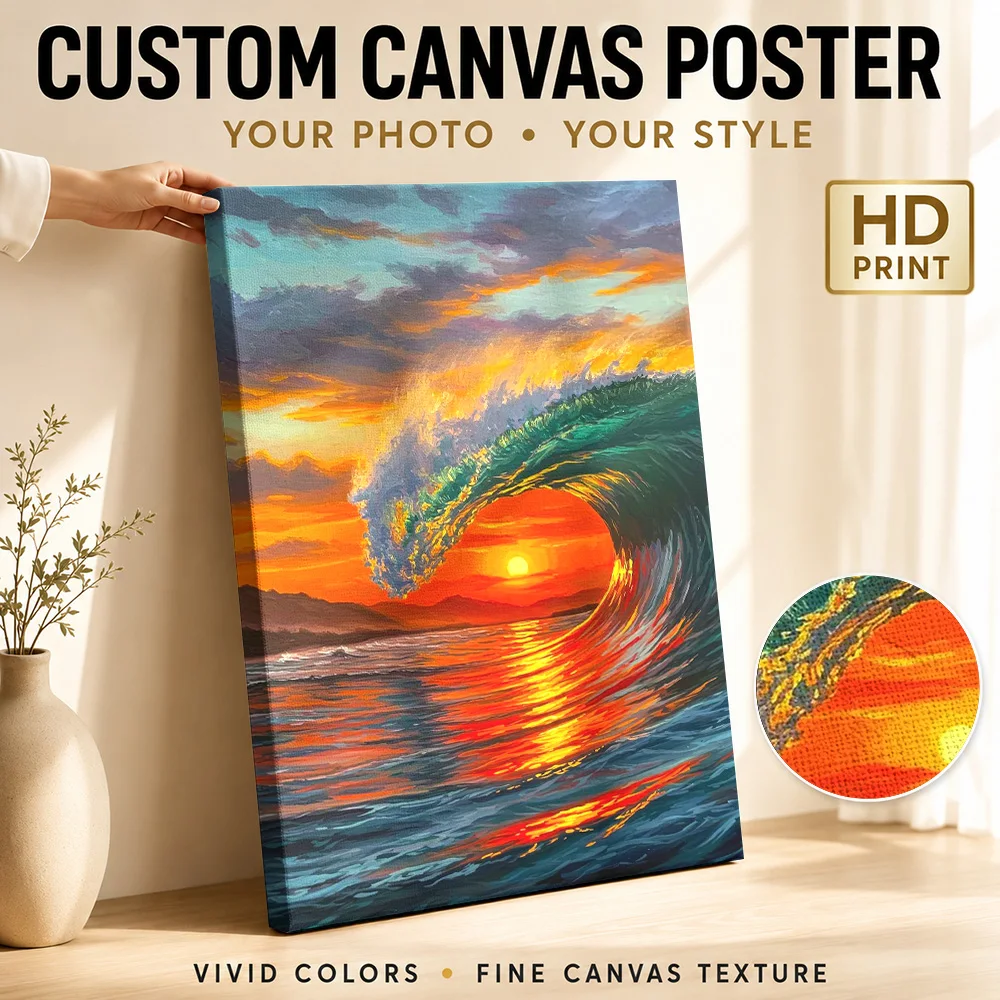 Sunset Within Curling Ocean Wave Canvas Poster Personalized Photo Painterly Wall Art For Seaside Guesthouse, Beach Lover Gift