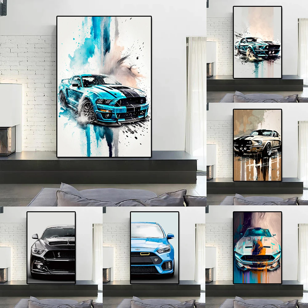 

Ford Mustang GT500 Sports Car Graffiti Canvas Painting Luxury Racing Watercolor Poster And Print Supercar Wall Art Room Decor