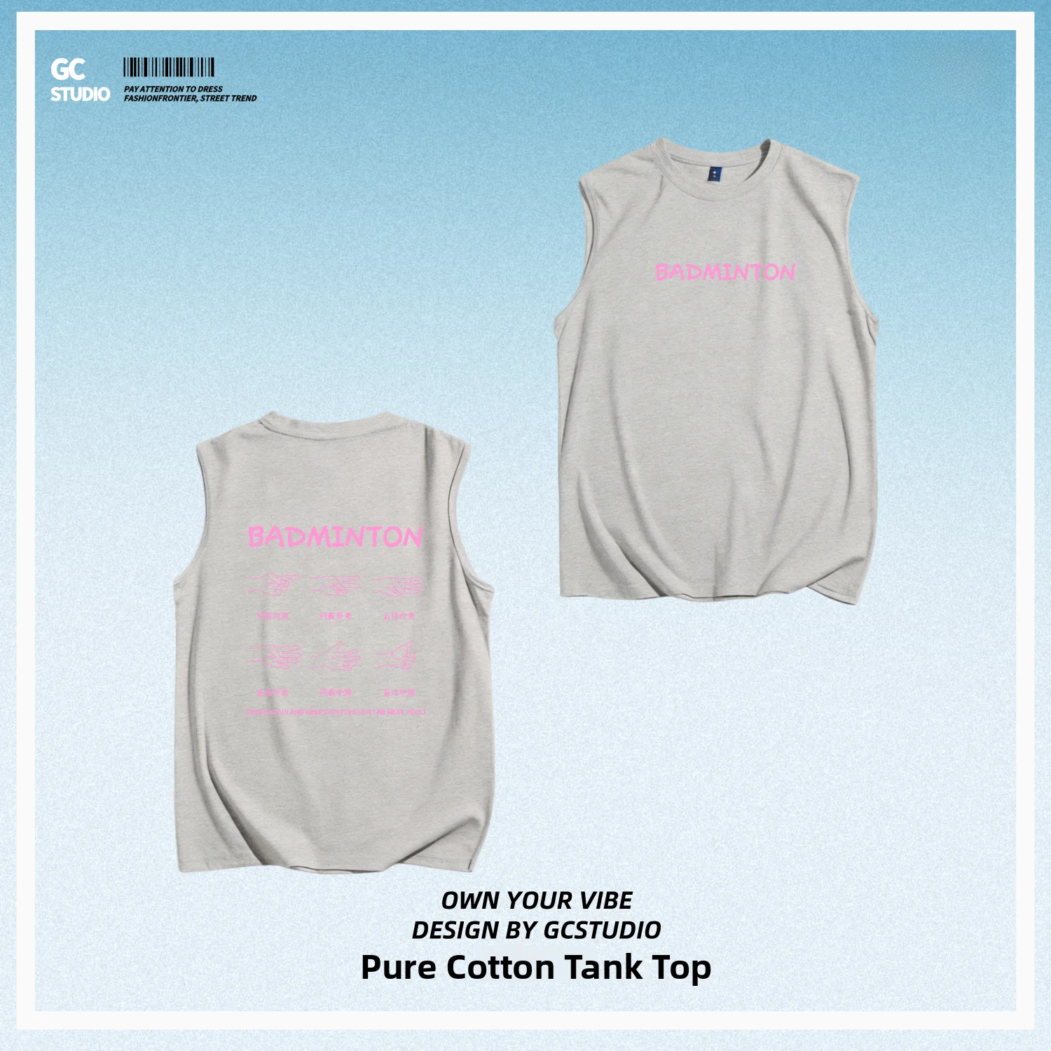 Men's Pure Cotton Breathable Tank Top Badminton Gesture Print Fitness Sports Casual round Neck T-Shirt Comfortable Summer Wear